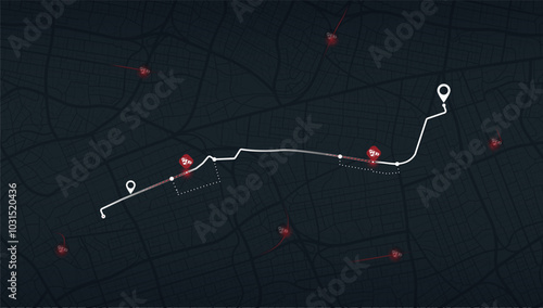 Top view on city map with car accidents. Suggesting route changes to avoid traffic incidents. Auto protection concept and avoid road hazard, traffic accident on motorway. Vector illustration.
