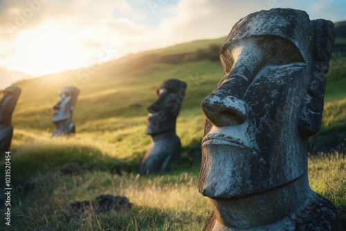 Close-up of Moai Statue at Easter Island During Golden Hour Sunrise photo