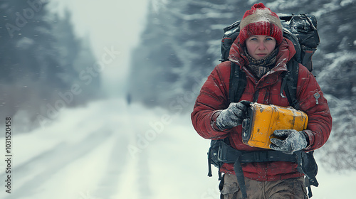 A man walks through the snow with a backpack.