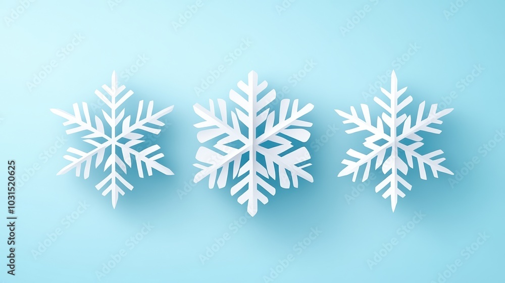 Three decorative snowflakes on a light blue background, white isolate background. Three decorative snowflakes on a light blue background, white isolate background.