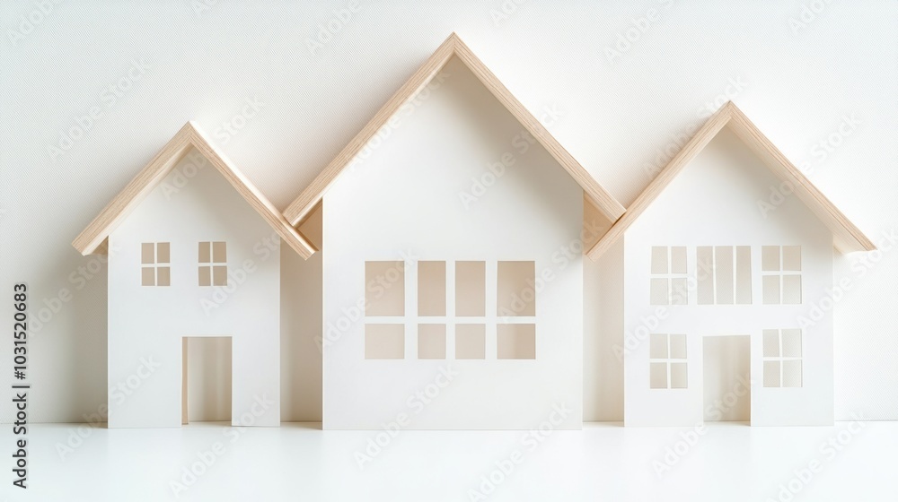 Three wooden house models with white background, showcasing modern architecture design. Three wooden house models with white background, showcasing modern architecture design.