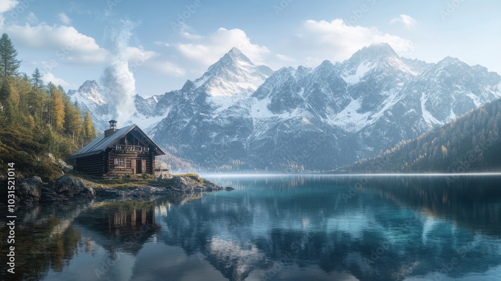 Picturesque Cabin on a Tranquil Mountain Lake with Breathtaking Views Picturesque Cabin on a Tranquil Mountain Lake with Breathtaking Views