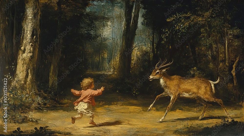 Fototapeta premium A Child Chases a Fleeing Antelope Through a Woodland Path