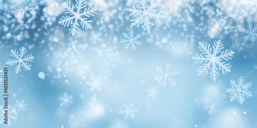 Delicate snowflakes gently falling against a soft blue gradient background, evoking the peaceful beauty and serenity of winter Delicate snowflakes gently falling against a soft blue gradient background, evoking the peaceful beauty and serenity of winter