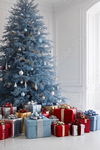 Blue christmas tree with gifts isolated 3d render