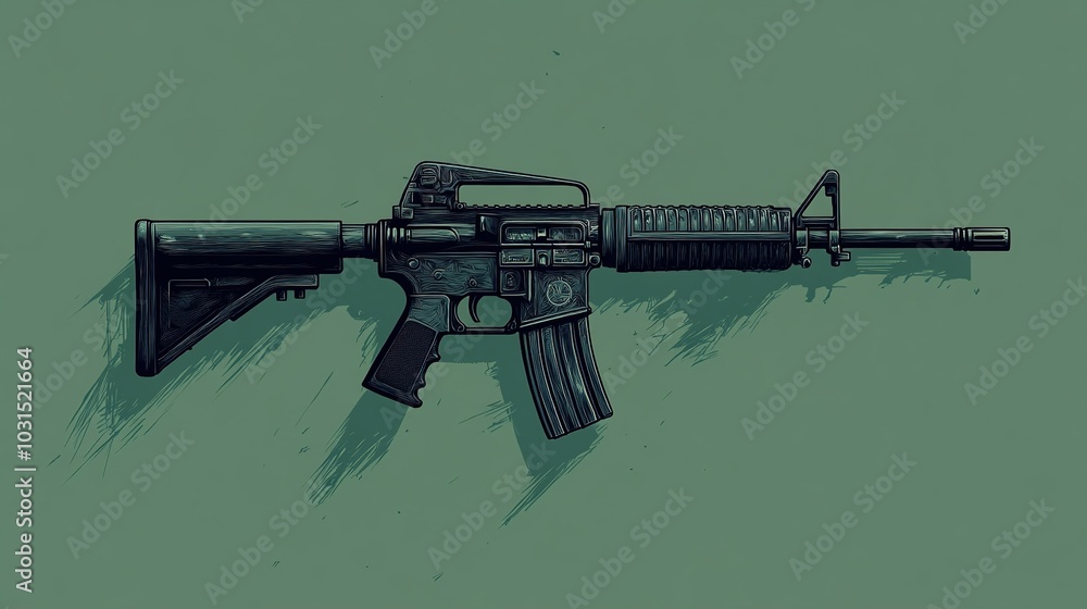 A minimalist image of an assault rifle isolated against a solid green background. The aggressive lines and tactical design stand out boldly, emphasizing simplicity and power. A minimalist image of an assault rifle isolated against a solid green background. The aggressive lines and tactical design stand out boldly, emphasizing simplicity and power.