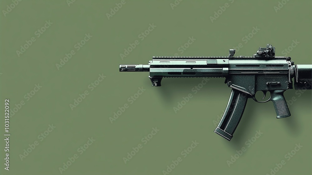 A minimalist image of a machine gun isolated against a solid green background. The heavy-duty design and extended barrel contrast with the vibrant green, highlighting simplicity and firepower. A minimalist image of a machine gun isolated against a solid green background. The heavy-duty design and extended barrel contrast with the vibrant green, highlighting simplicity and firepower.