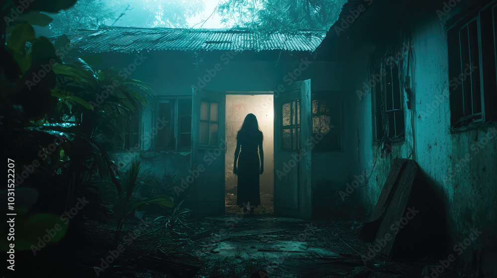A ghost stands in front of a house with a dark and eerie atmosphere A ghost stands in front of a house with a dark and eerie atmosphere