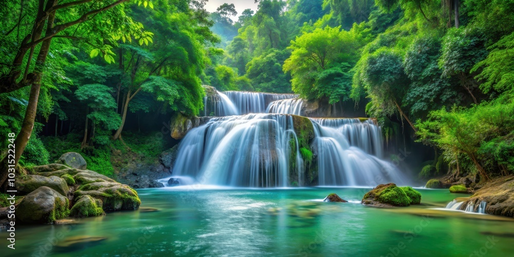 Fototapeta premium Waterfall cascading in lush national park surrounded by vibrant green trees, waterfall, national park, nature, outdoors