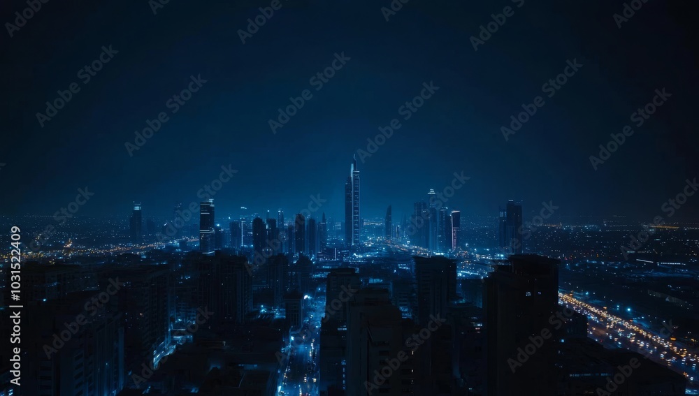 Fototapeta premium A panoramic night view of a cityscape with skyscrapers and street lights.