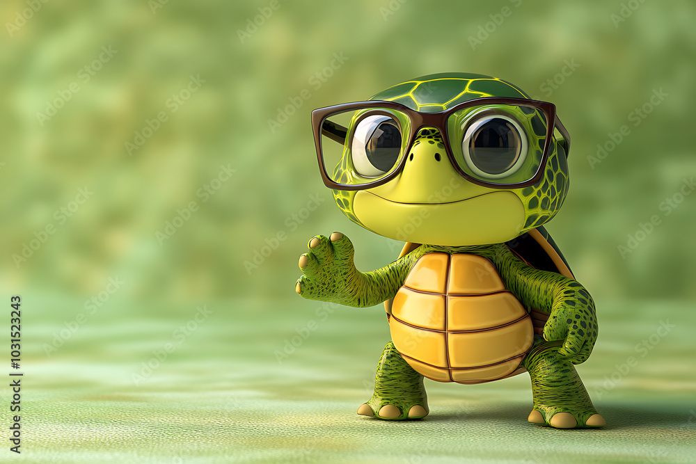 Fototapeta premium A cute cartoon turtle wearing glasses, waving cheerfully against a soft green background.