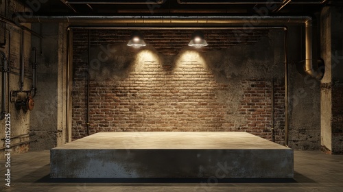 Wallpaper Mural Industrial Concrete Platform with Brick Wall and Lighting - 3D Render. Torontodigital.ca