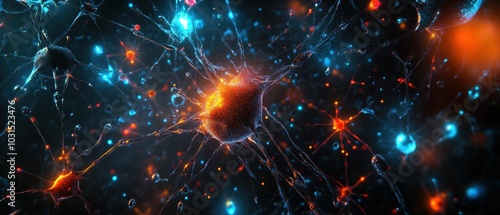 Abstract Neuron Network with Glowing Synapses - 3D Rendering of Human Brain Cells.