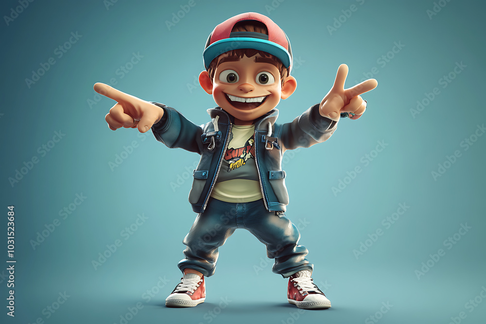 A cheerful cartoon boy in casual attire, posing playfully with a peace sign. A cheerful cartoon boy in casual attire, posing playfully with a peace sign.