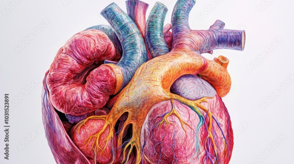 Naklejka premium Human Heart Anatomy Illustration with Detailed Vessels and Chambers - Medical Art