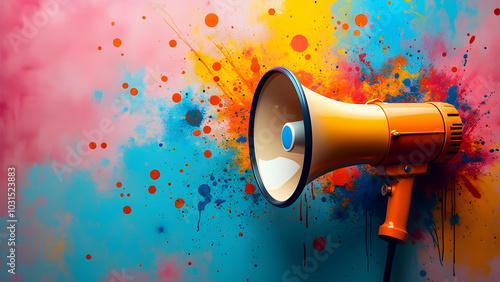 A megaphone blasts out sound towards a colorful wall, symbolizing a powerful message being shared, Colorful background and megaphone to make your marketing and advertising campaigns stand out. photo