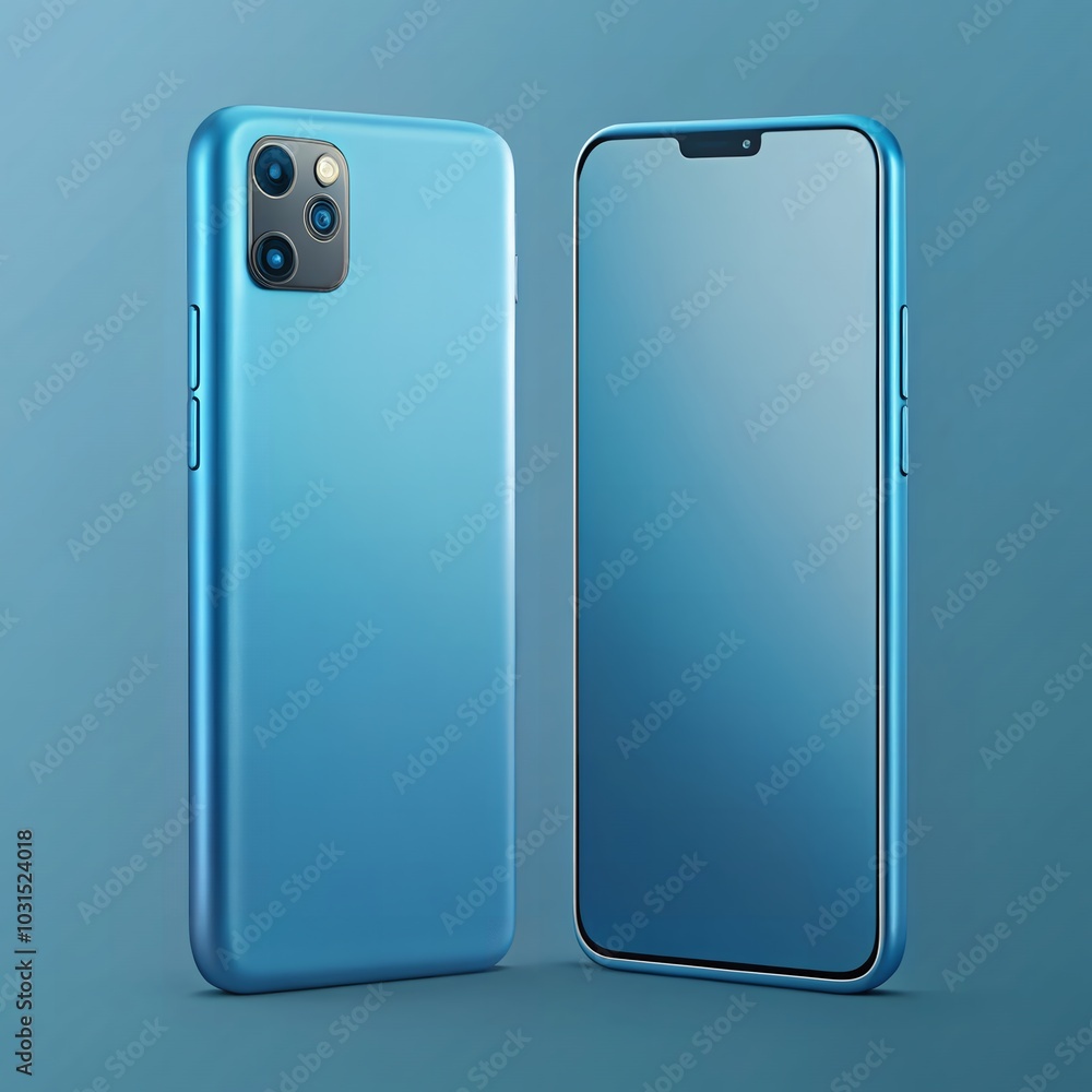A sleek mockup of the smartphone in blue color with a soft blue background