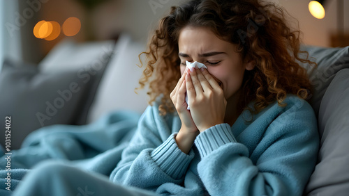 Young woman in blue shirt sitting on couch wrapped in blanket blowing nose into tissue looking sick and uncomfortable, coughing or sneezing into a tissue.