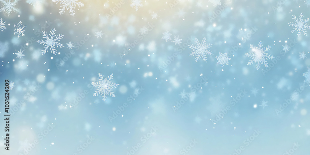 Delicate snowflakes gently falling against a soft blue gradient background, evoking the peaceful beauty and serenity of winter Delicate snowflakes gently falling against a soft blue gradient background, evoking the peaceful beauty and serenity of winter