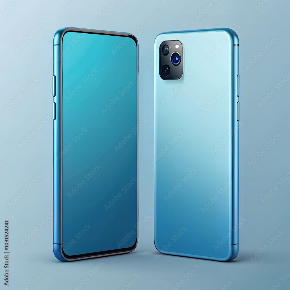 A sleek mockup of the smartphone in blue color with a soft blue background