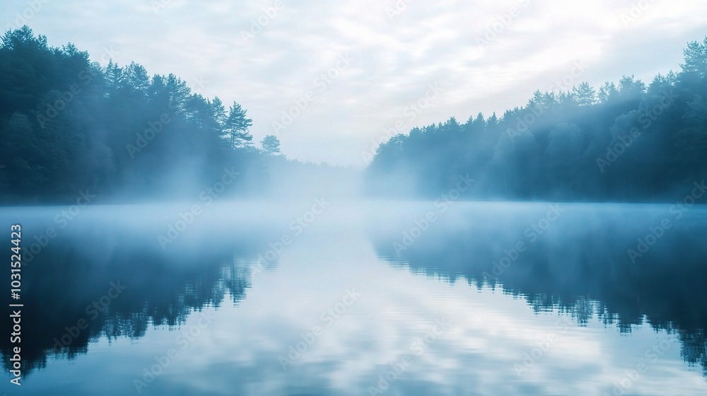Misty Lake in Serene Forest Landscape Misty Lake in Serene Forest Landscape