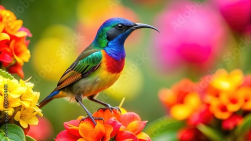 Colorful of a sunbird surrounded by vibrant flowers, sunbird, bird, flowers, colorful,art, nature, wildlife, garden, tropical