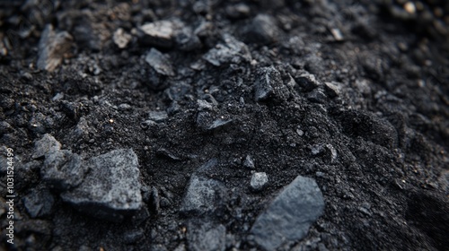 Close-up of biochar black soil texture, showing rich, dark, and fertile earth.