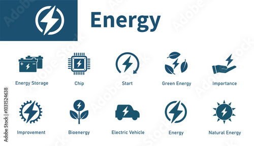 Energy icon. Set of solid vector icons on electricity, power, lightning, green energy, battery.