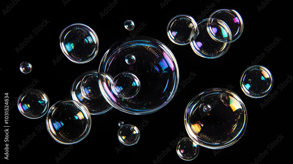 Naklejka premium Large bubbles against a solid black background to highlight their shape and reflection