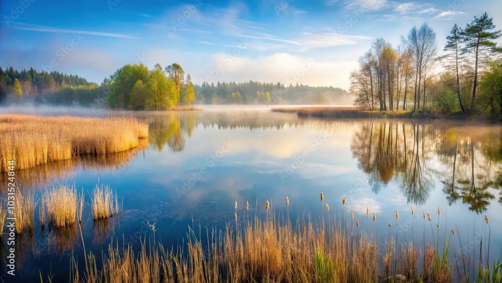 Scenic high angle lake view with reed and forest in distance Scenic high angle lake view with reed and forest in distance
