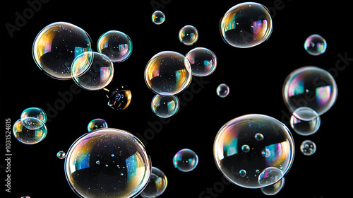 Large bubbles against a solid black background to highlight their shape and reflection