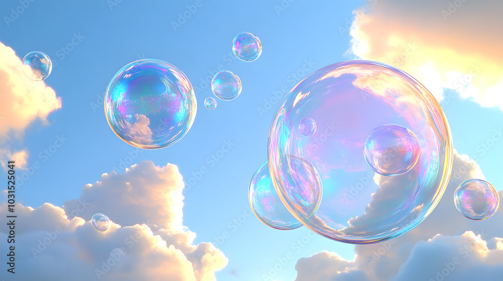 Bubbles appearing to float through the sky with clouds in the background