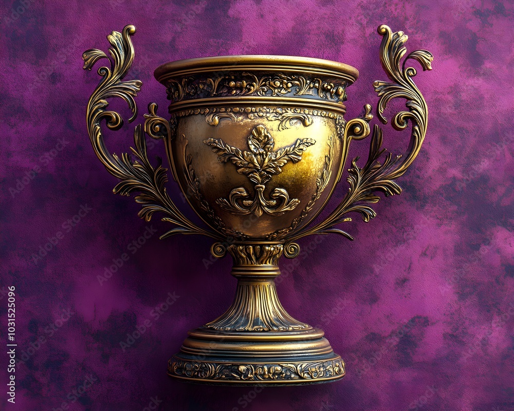 Fototapeta premium Antique gold trophy with fine scrollwork design, resting against a modern tech purple wallpaper, blending old-world charm with futuristic elements