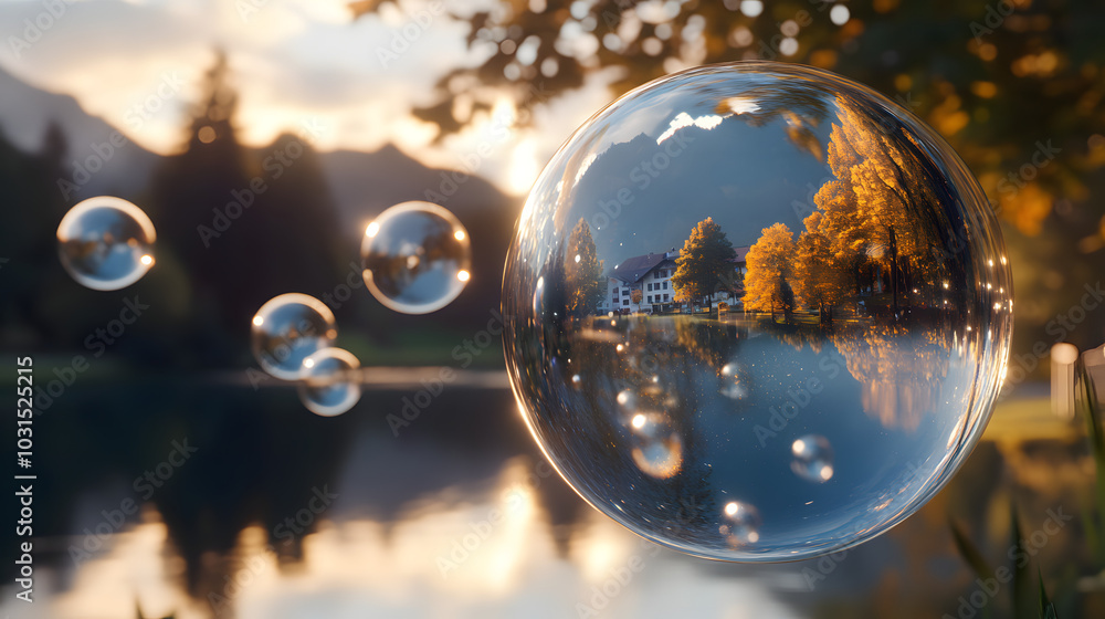 Large bubbles reflecting nearby scenery like trees, buildings, or sky Large bubbles reflecting nearby scenery like trees, buildings, or sky