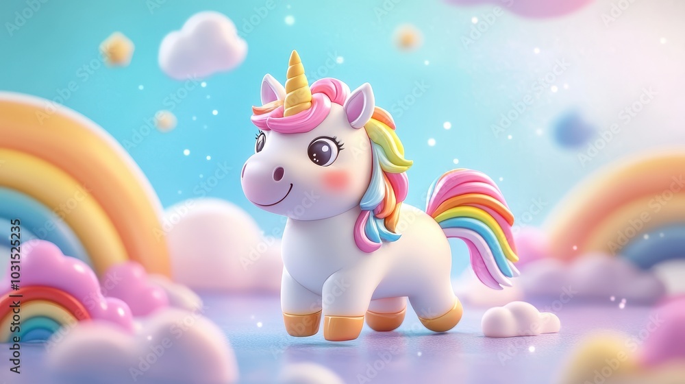 Cute Cartoon Unicorn with Rainbow Mane and Tail in a Fantasy World with Clouds and Rainbows - 3D Illustration. Cute Cartoon Unicorn with Rainbow Mane and Tail in a Fantasy World with Clouds and Rainbows - 3D Illustration.