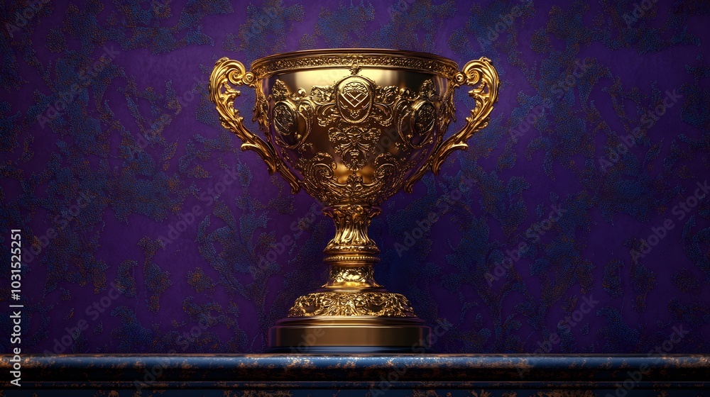 Ornate gold trophy with intricate carvings, standing tall on a royal purple patterned background, hyper-realistic style, glowing edges, soft metallic reflections Ornate gold trophy with intricate carvings, standing tall on a royal purple patterned background, hyper-realistic style, glowing edges, soft metallic reflections