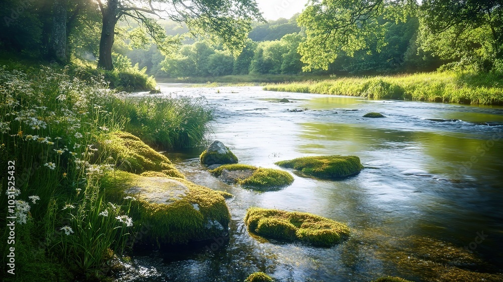 Obraz premium Serene Riverbank Under Sunlit Greenery