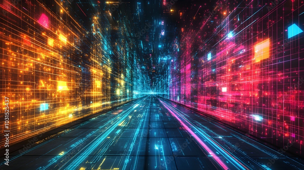 Neon grids and geometric patterns, intersecting in bright, vibrant colors, creating a futuristic landscape in a deep, dark cyber realm Neon grids and geometric patterns, intersecting in bright, vibrant colors, creating a futuristic landscape in a deep, dark cyber realm