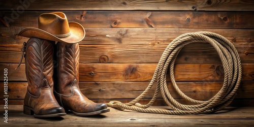 Western boots, lariat rope, spurs, and cowboy hat on background, cowboy, rodeo, western, boots, lariat, rope, spurs, hat