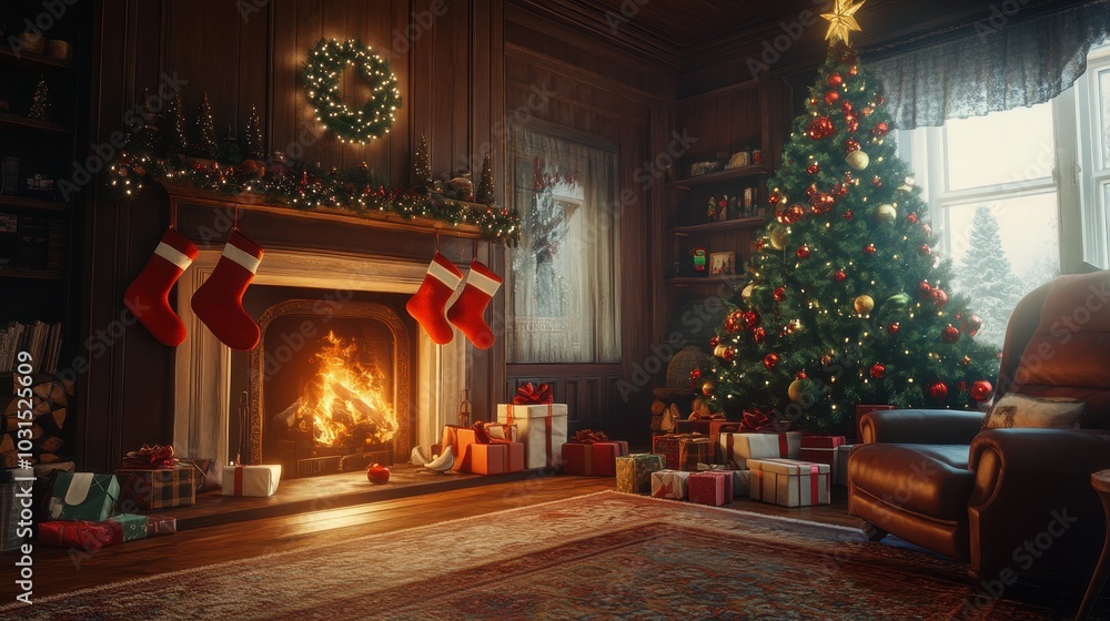 Cozy Christmas Living Room with Fireplace, Decorated Tree, and Gifts. Cozy Christmas Living Room with Fireplace, Decorated Tree, and Gifts.