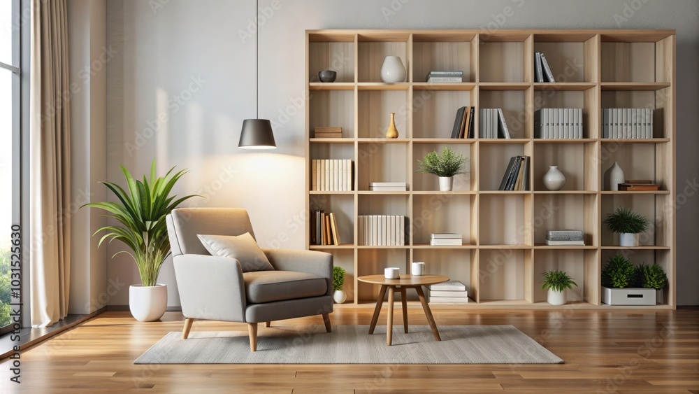 Modern minimalist living room with a sleek armchair and a stylish bookshelf , spacious, elegant, simple, contemporary Modern minimalist living room with a sleek armchair and a stylish bookshelf , spacious, elegant, simple, contemporary