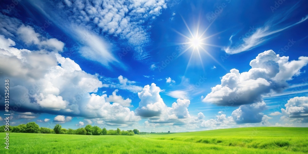 Beautiful blue sky scenery with fluffy white clouds, sunshine, and lush green landscape , nature, outdoors, sunny Beautiful blue sky scenery with fluffy white clouds, sunshine, and lush green landscape , nature, outdoors, sunny