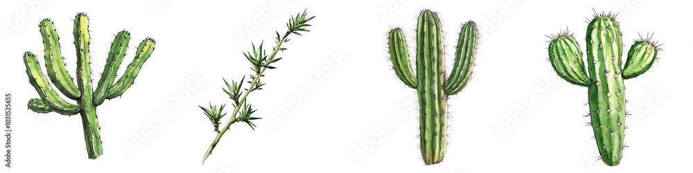 Diverse collection of prickly cactus plants growing in arid desert environment Saguaro barrel and prickly pear cacti with their distinctive shapes spines and green foliage Diverse collection of prickly cactus plants growing in arid desert environment Saguaro barrel and prickly pear cacti with their distinctive shapes spines and green foliage