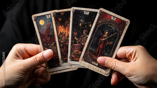 A fortuneteller, seer, medium, oracle, witch, shaman, mystic, ritualist, or snake doctor dealing cards of destiny, life, death, good or bad omens,  and will tell the future, bless, curse, or scam you photo