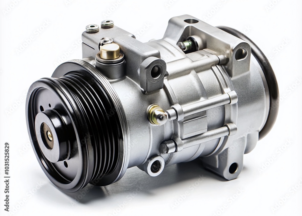 New Car Air Conditioning Compressor Isolated on White Background for Automotive Parts and Repair SEO New Car Air Conditioning Compressor Isolated on White Background for Automotive Parts and Repair SEO