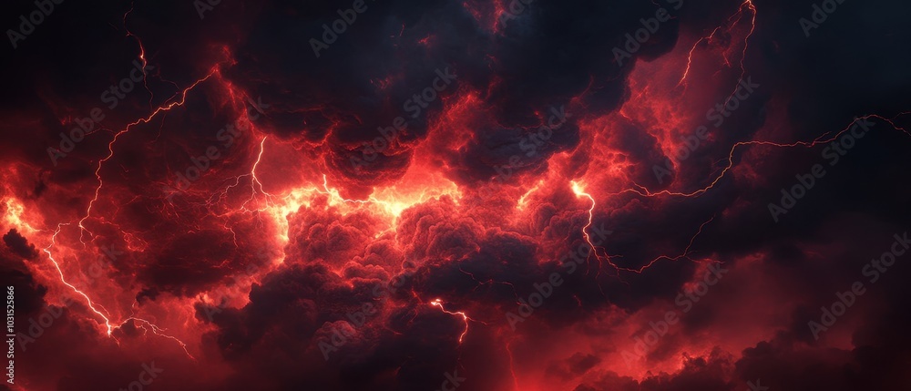 Dramatic Red Sky with Lightning Bolts - Stormy Weather Background. Dramatic Red Sky with Lightning Bolts - Stormy Weather Background.