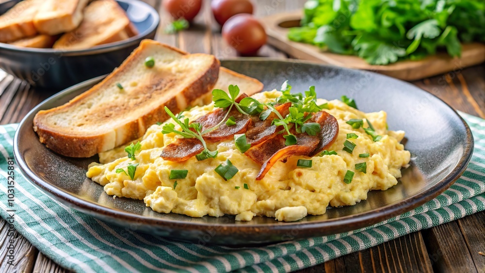 Delicious creamy scrambled eggs with crispy bacon served on a plate alongside toasted bread and fresh herbs for breakfast Delicious creamy scrambled eggs with crispy bacon served on a plate alongside toasted bread and fresh herbs for breakfast