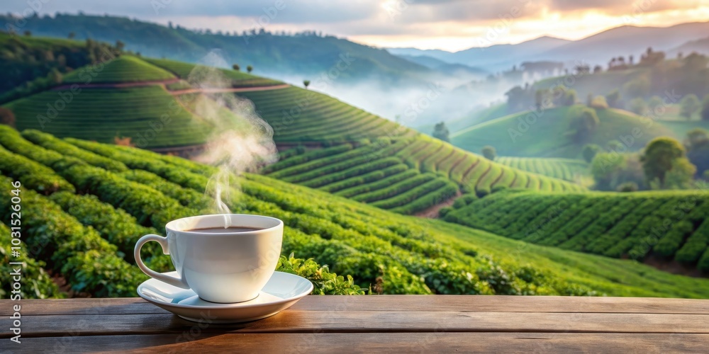 A steaming coffee cup in the foreground with a sprawling coffee plantation in the background , coffee, cup, steam, warmth A steaming coffee cup in the foreground with a sprawling coffee plantation in the background , coffee, cup, steam, warmth