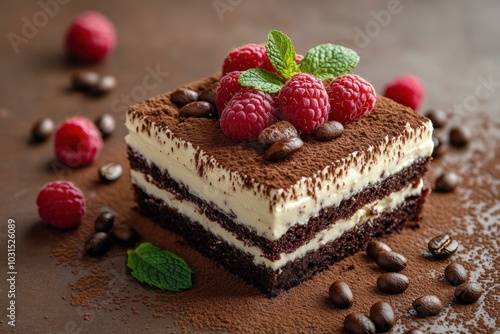 Delicious Tiramisu with Raspberries and Coffee Beans