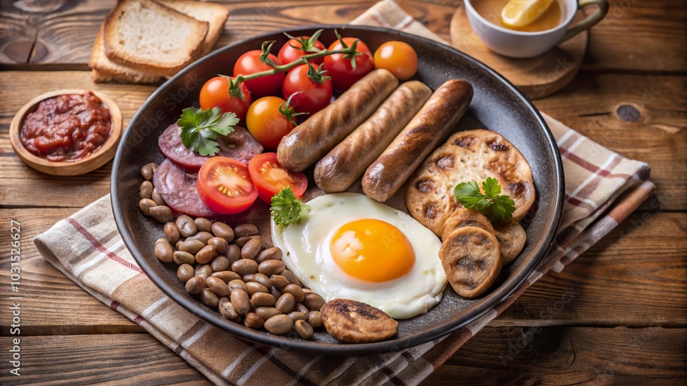 Enjoying a traditional full English breakfast with fried eggs, sausages, beans, tomatoes, and toast on a wooden table Enjoying a traditional full English breakfast with fried eggs, sausages, beans, tomatoes, and toast on a wooden table